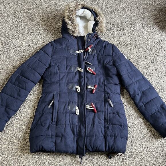 Superdry Tall Marl Toggle Puffer Jacket US 10 Navy Blue Hooded Faux Fur Trim - Picture 8 of 9